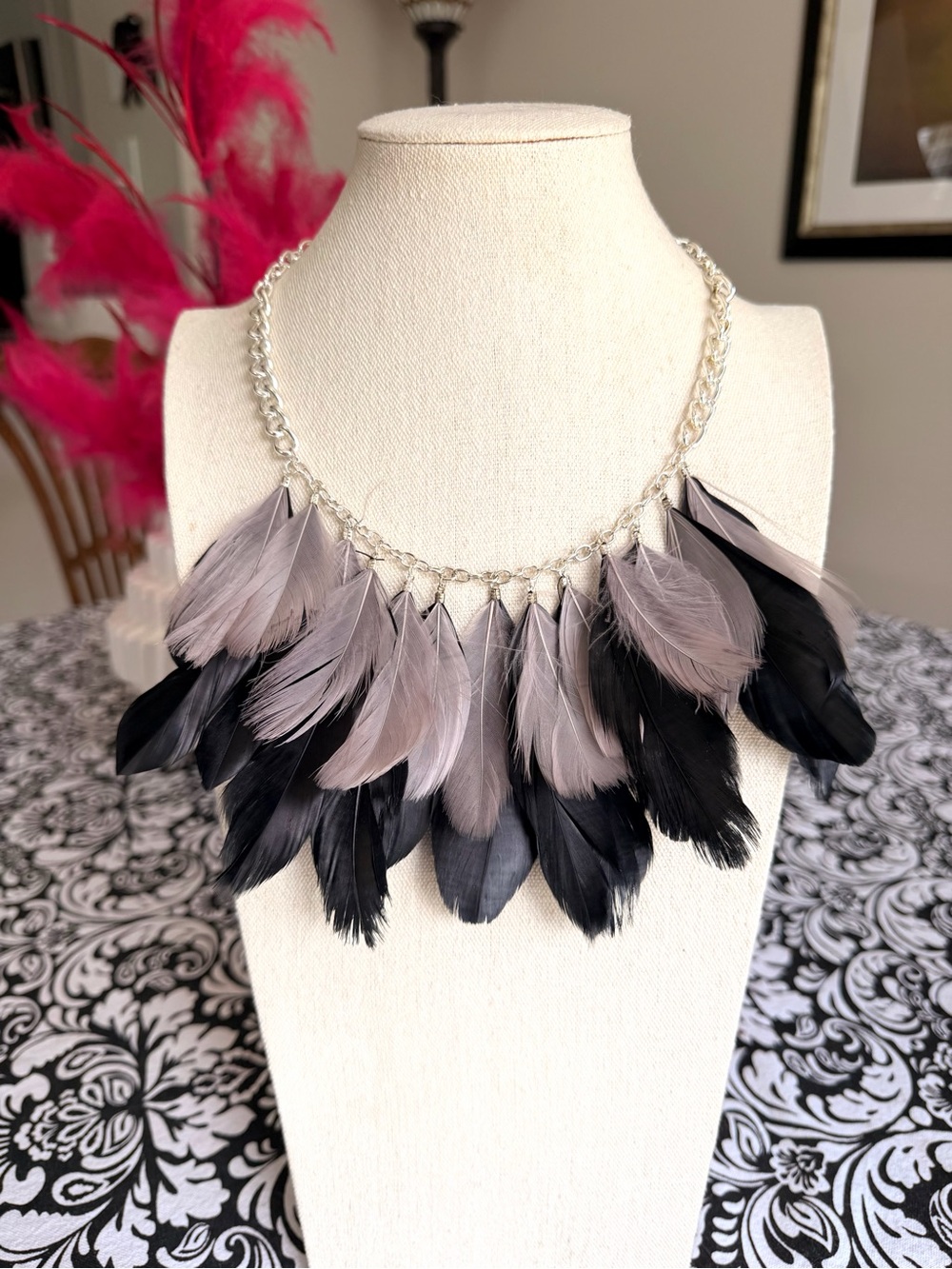 Taramanda Black Gray Feather Statement Necklace Silver Tone NWT Dramatic
